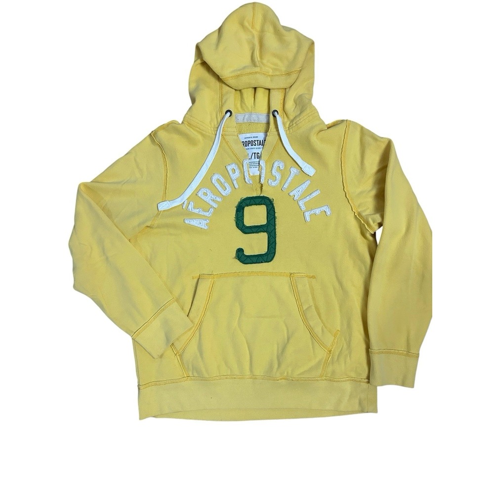 Vintage Aeropostale Yellow Hoodie Pullover Sweatshirt SZ XL Applique Y2K Distres